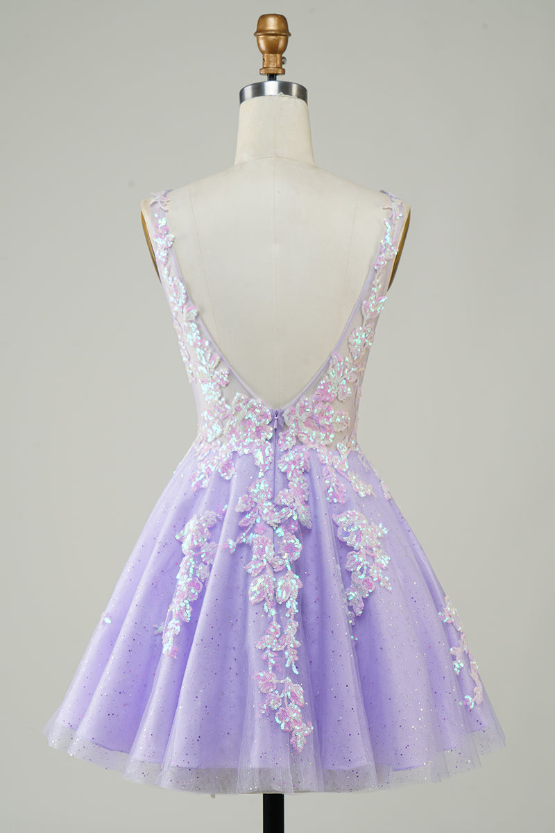 Load image into Gallery viewer, A Line Fuchsia V Neck Sequins Corset Short Homecoming Dress