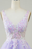 Load image into Gallery viewer, A Line Fuchsia V Neck Sequins Corset Short Homecoming Dress