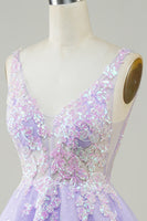Load image into Gallery viewer, A Line Fuchsia V Neck Sequins Corset Short Homecoming Dress