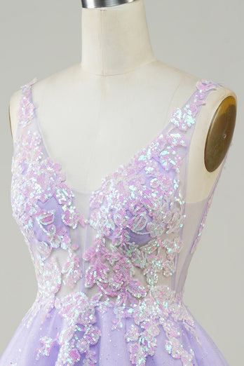 A Line V Neck Sequins Corset Short Lilac Homecoming Dress