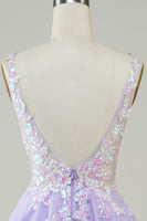 Load image into Gallery viewer, A Line Fuchsia V Neck Sequins Corset Short Homecoming Dress