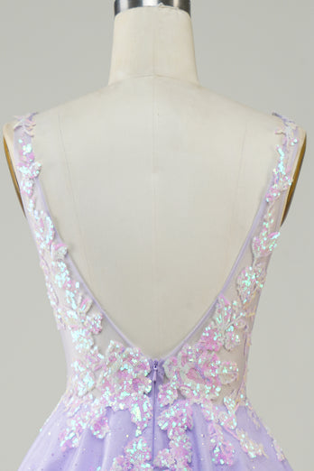 A Line Fuchsia V Neck Sequins Corset Short Homecoming Dress