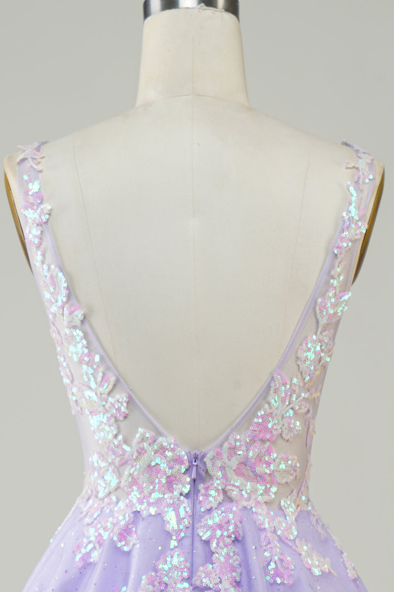 Load image into Gallery viewer, A Line Fuchsia V Neck Sequins Corset Short Homecoming Dress