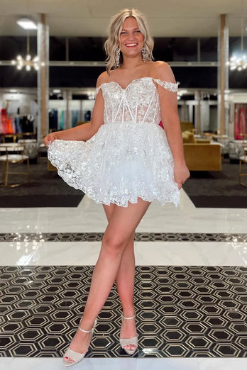 A Line Fuchsia Off the Shoulder Corset Homecoming Dress with Tiered Lace