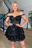 Load image into Gallery viewer, Sparkly Dark Red A Line Off the Shoulder Corset Homecoming Dress with Tiered Lace