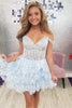 Load image into Gallery viewer, Sparkly A Line Off the Shoulder Navy Corset Homecoming Dress with Tiered Lace