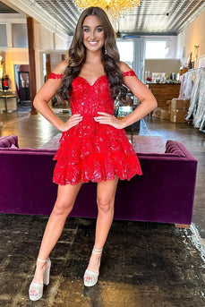 A Line Off the Shoulder Red Sparkly Corset Homecoming Dress with Tiered Lace