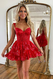 A Line Off the Shoulder Red Sparkly Corset Homecoming Dress with Tiered Lace