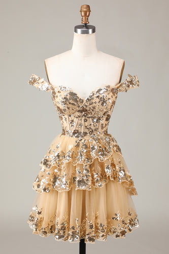 Sparkly Golden A Line Off the Shoulder Corset Homecoming Dress with Tiered Lace