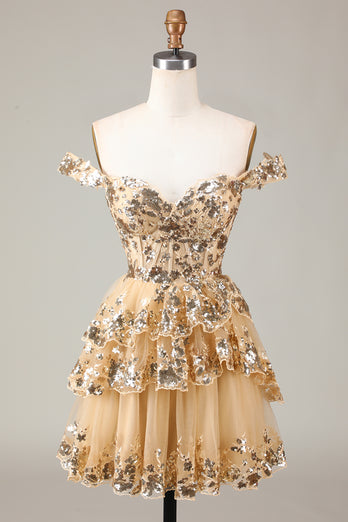 A Line Off the Shoulder Silver Sparkly Corset Homecoming Dress with Tiered Lace