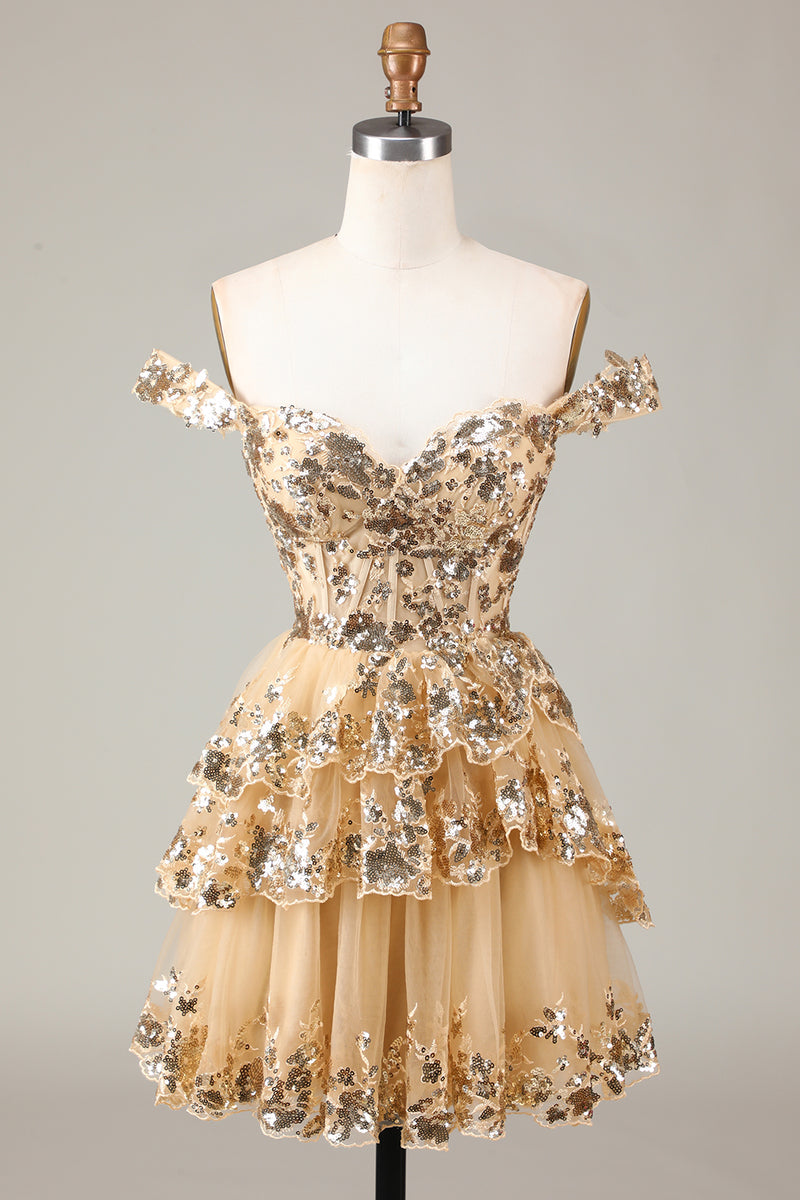 Load image into Gallery viewer, A Line Off the Shoulder Silver Sparkly Corset Homecoming Dress with Tiered Lace