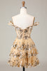 Load image into Gallery viewer, Sparkly Golden A Line Off the Shoulder Corset Homecoming Dress with Tiered Lace
