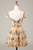 Load image into Gallery viewer, Sparkly Golden A Line Off the Shoulder Corset Homecoming Dress with Tiered Lace