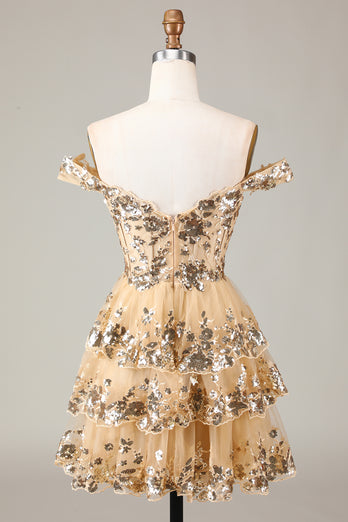 Sparkly Golden A Line Off the Shoulder Corset Homecoming Dress with Tiered Lace