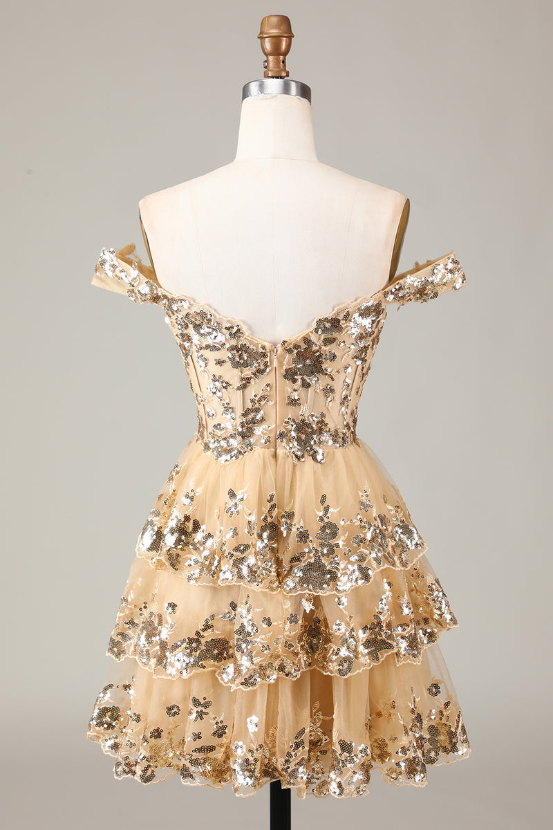 Load image into Gallery viewer, Sparkly Golden A Line Off the Shoulder Corset Homecoming Dress with Tiered Lace