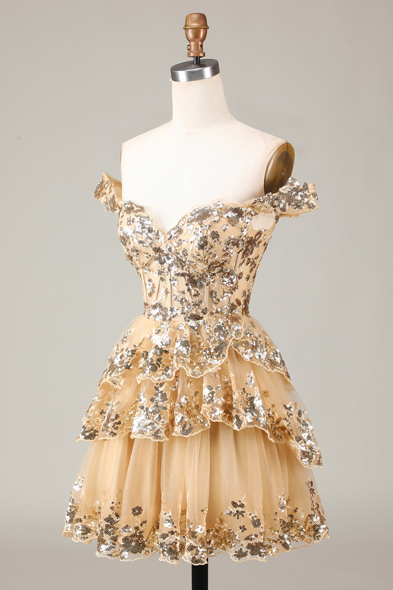 Load image into Gallery viewer, A Line Off the Shoulder Silver Sparkly Corset Homecoming Dress with Tiered Lace