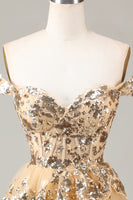 Load image into Gallery viewer, Sparkly Golden A Line Off the Shoulder Corset Homecoming Dress with Tiered Lace