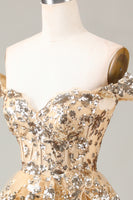 Load image into Gallery viewer, Sparkly Golden A Line Off the Shoulder Corset Homecoming Dress with Tiered Lace