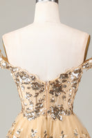 Load image into Gallery viewer, Sparkly Golden A Line Off the Shoulder Corset Homecoming Dress with Tiered Lace