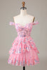 Load image into Gallery viewer, A Line Off the Shoulder Silver Sparkly Corset Homecoming Dress with Tiered Lace