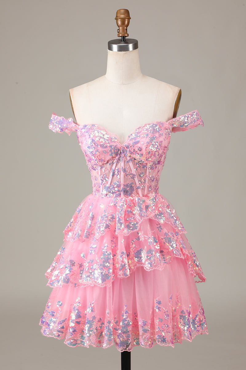 Load image into Gallery viewer, A Line Off the Shoulder Silver Sparkly Corset Homecoming Dress with Tiered Lace