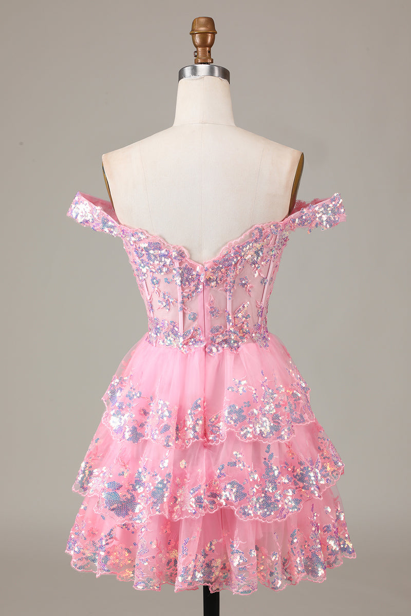 Load image into Gallery viewer, A Line Off the Shoulder Silver Sparkly Corset Homecoming Dress with Tiered Lace