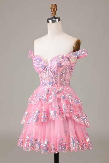 Sparkly Golden A Line Off the Shoulder Corset Homecoming Dress with Tiered Lace