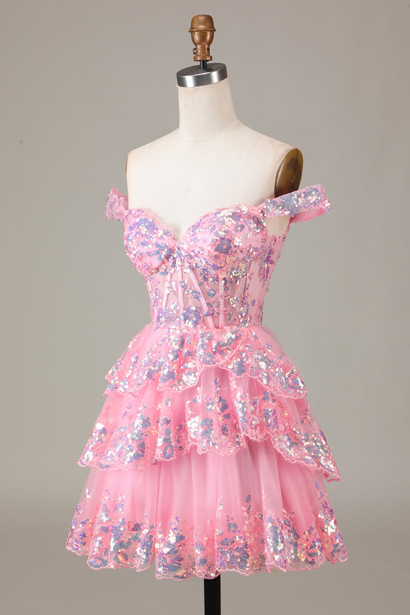 Load image into Gallery viewer, A Line Off the Shoulder Silver Sparkly Corset Homecoming Dress with Tiered Lace