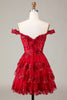 Load image into Gallery viewer, Sparkly Dark Red A Line Off the Shoulder Corset Homecoming Dress with Tiered Lace