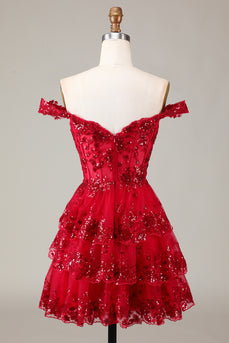 Sparkly Dark Red A Line Off the Shoulder Corset Homecoming Dress with Tiered Lace