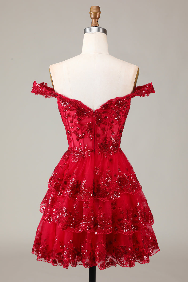 Load image into Gallery viewer, Sparkly Dark Red A Line Off the Shoulder Corset Homecoming Dress with Tiered Lace