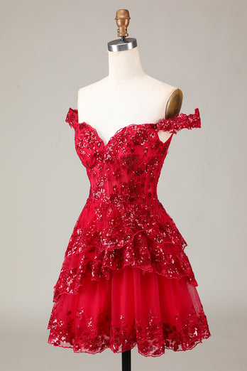 Sparkly Dark Red A Line Off the Shoulder Corset Homecoming Dress with Tiered Lace