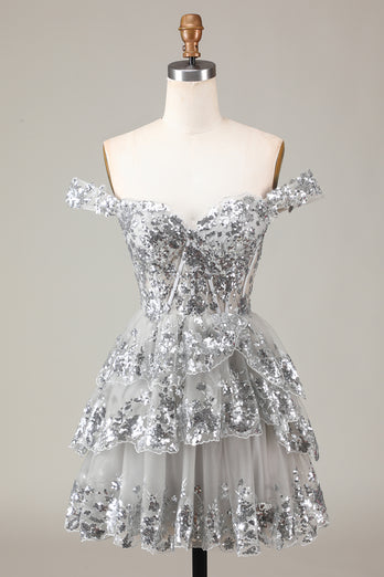 A Line Off the Shoulder Silver Sparkly Corset Homecoming Dress with Tiered Lace
