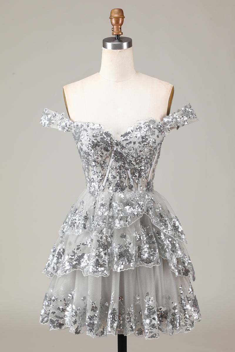 Load image into Gallery viewer, A Line Off the Shoulder Silver Sparkly Corset Homecoming Dress with Tiered Lace
