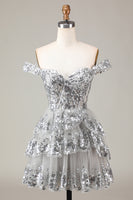 Load image into Gallery viewer, Sparkly Golden A Line Off the Shoulder Corset Homecoming Dress with Tiered Lace