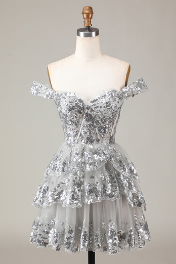 Sparkly Golden A Line Off the Shoulder Corset Homecoming Dress with Tiered Lace