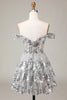 Load image into Gallery viewer, A Line Off the Shoulder Silver Sparkly Corset Homecoming Dress with Tiered Lace