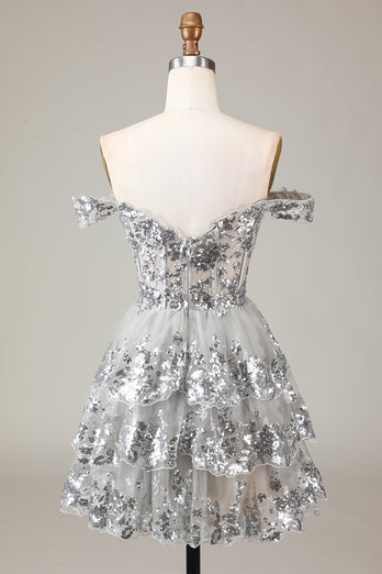 A Line Off the Shoulder Silver Sparkly Corset Homecoming Dress with Tiered Lace