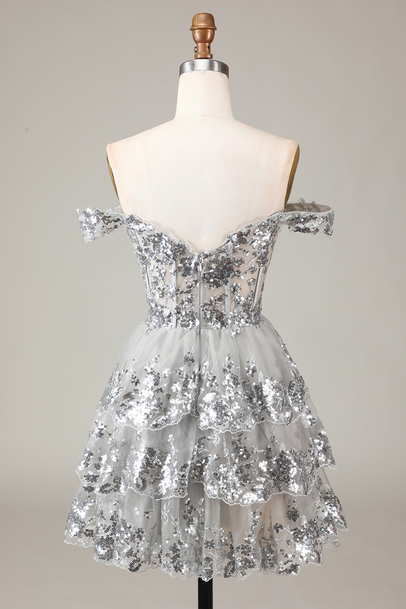 Load image into Gallery viewer, A Line Off the Shoulder Silver Sparkly Corset Homecoming Dress with Tiered Lace