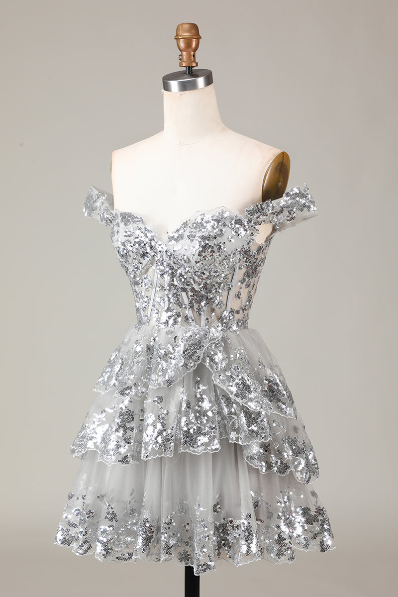 Load image into Gallery viewer, Sparkly Golden A Line Off the Shoulder Corset Homecoming Dress with Tiered Lace
