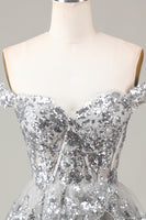 Load image into Gallery viewer, A Line Off the Shoulder Silver Sparkly Corset Homecoming Dress with Tiered Lace