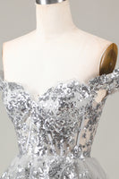 Load image into Gallery viewer, A Line Off the Shoulder Silver Sparkly Corset Homecoming Dress with Tiered Lace