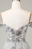 Load image into Gallery viewer, A Line Off the Shoulder Silver Sparkly Corset Homecoming Dress with Tiered Lace