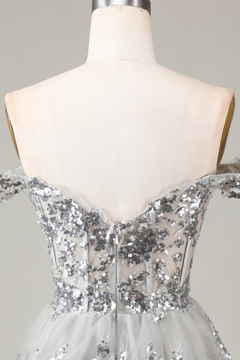 A Line Off the Shoulder Silver Sparkly Corset Homecoming Dress with Tiered Lace