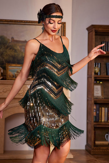 Dark Green Spaghetti Straps Roaring 20s Gatsby Fringed Flapper Dress with Sequins