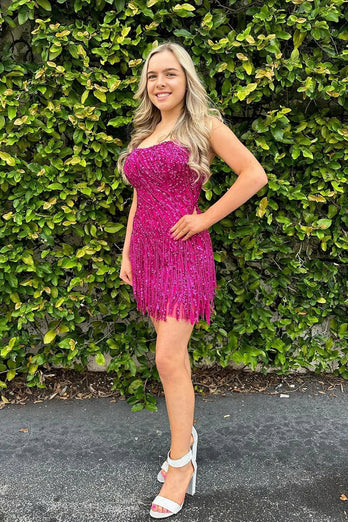 Sparkly Sequined Gold Tight Short Homecoming Dress with Fringes
