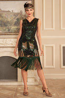 Load image into Gallery viewer, Black Green Sequins 1920s Flapper Dress with Fringe