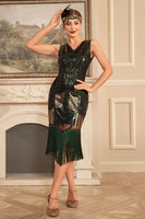 Load image into Gallery viewer, Black Green Sequins 1920s Flapper Dress with Fringe