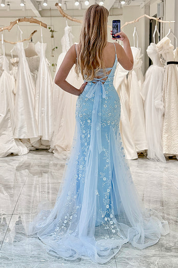 Blue Mermaid Spaghetti Straps Long Prom Dress With Appliques