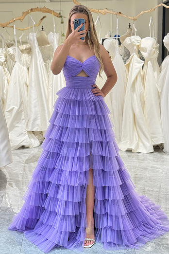 Purple A Line Cut Out Sweetheart Tiered Long Prom Dress With Slit